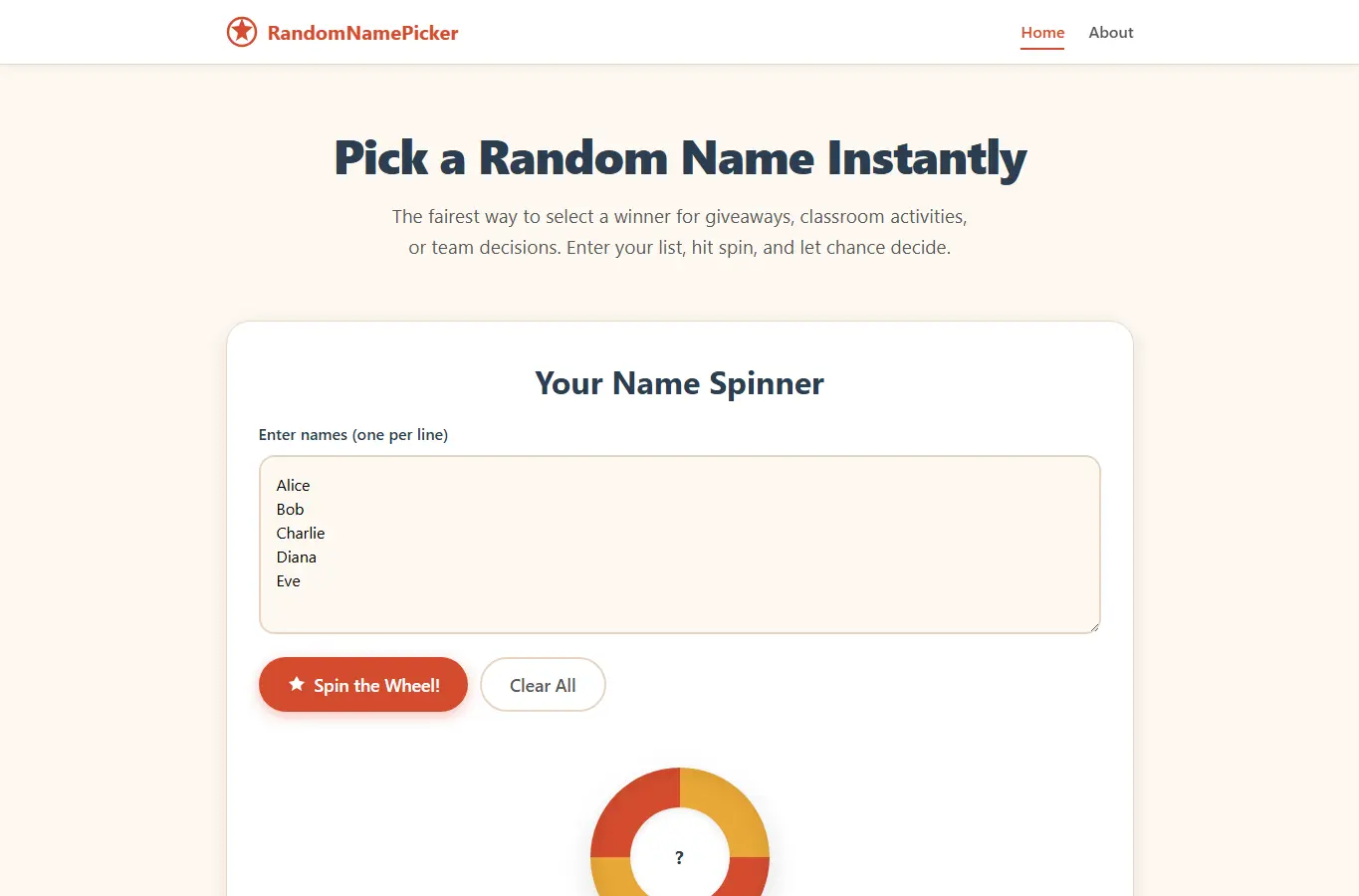 Screenshot of Random Name Picker – Fair Raffle & Giveaway Selector interface showing the project page in use